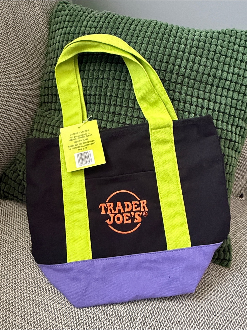 Trader Joe’s Trick or Treat Canvas Tote Bag in Purple, Black, Green, & Orange - Picture 5 of 7